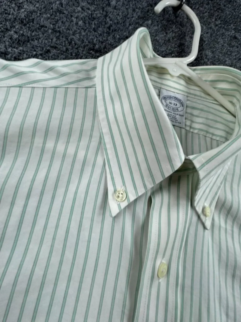 Brooks Brothers White Green 16 33 Slim Cotton Non-Iron Striped Button-Down Men